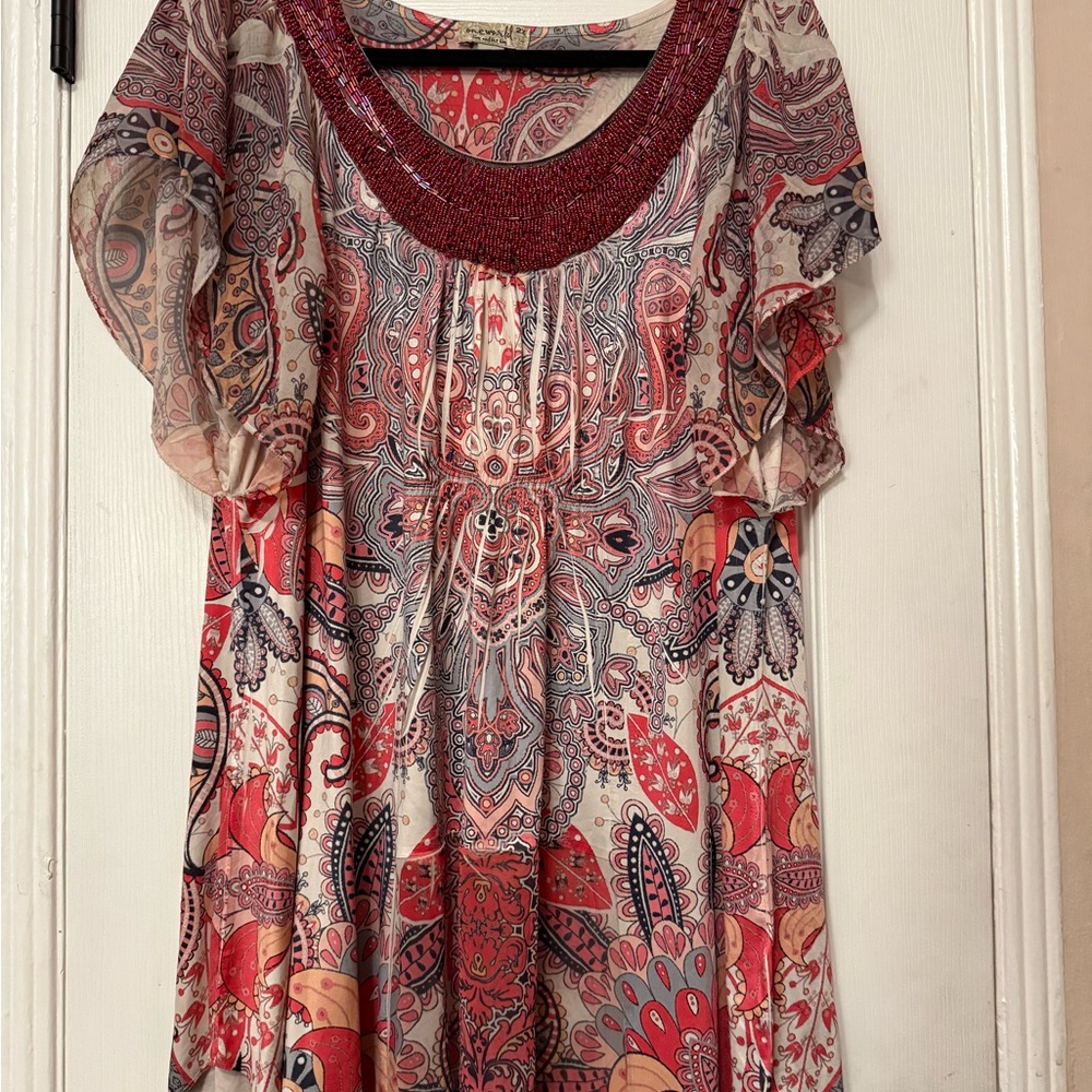 ONE WORLD Red and Pink Flutter Sleeve Blouse